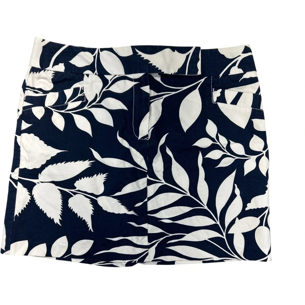 Tommy Hilfiger Mini Skirt Women 10‎ Navy White Pencil Leaf Print Cotton Preppy